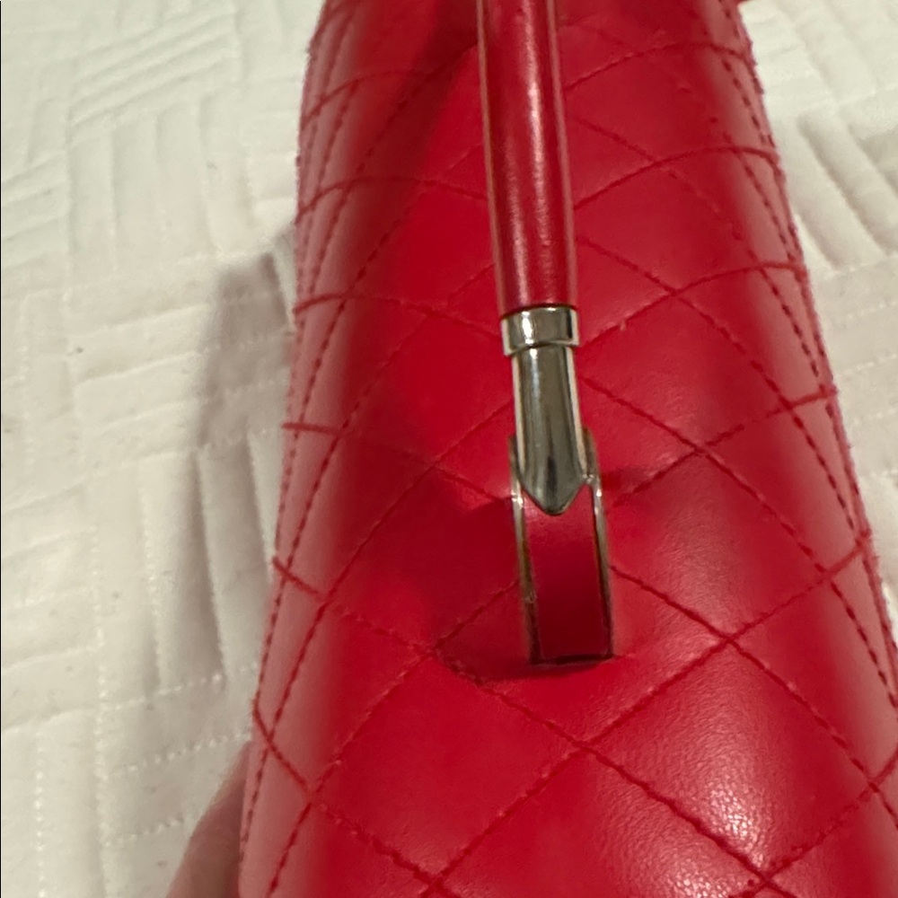 Quilted Red Leather Top-Handle Clutch with Silver Hardware - Picture 7 of 9